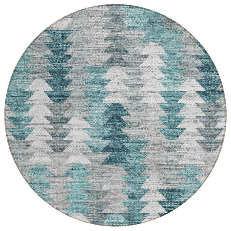 8' Dark Blue Aqua And Gray Round Geometric Washable Indoor Outdoor Area Rug