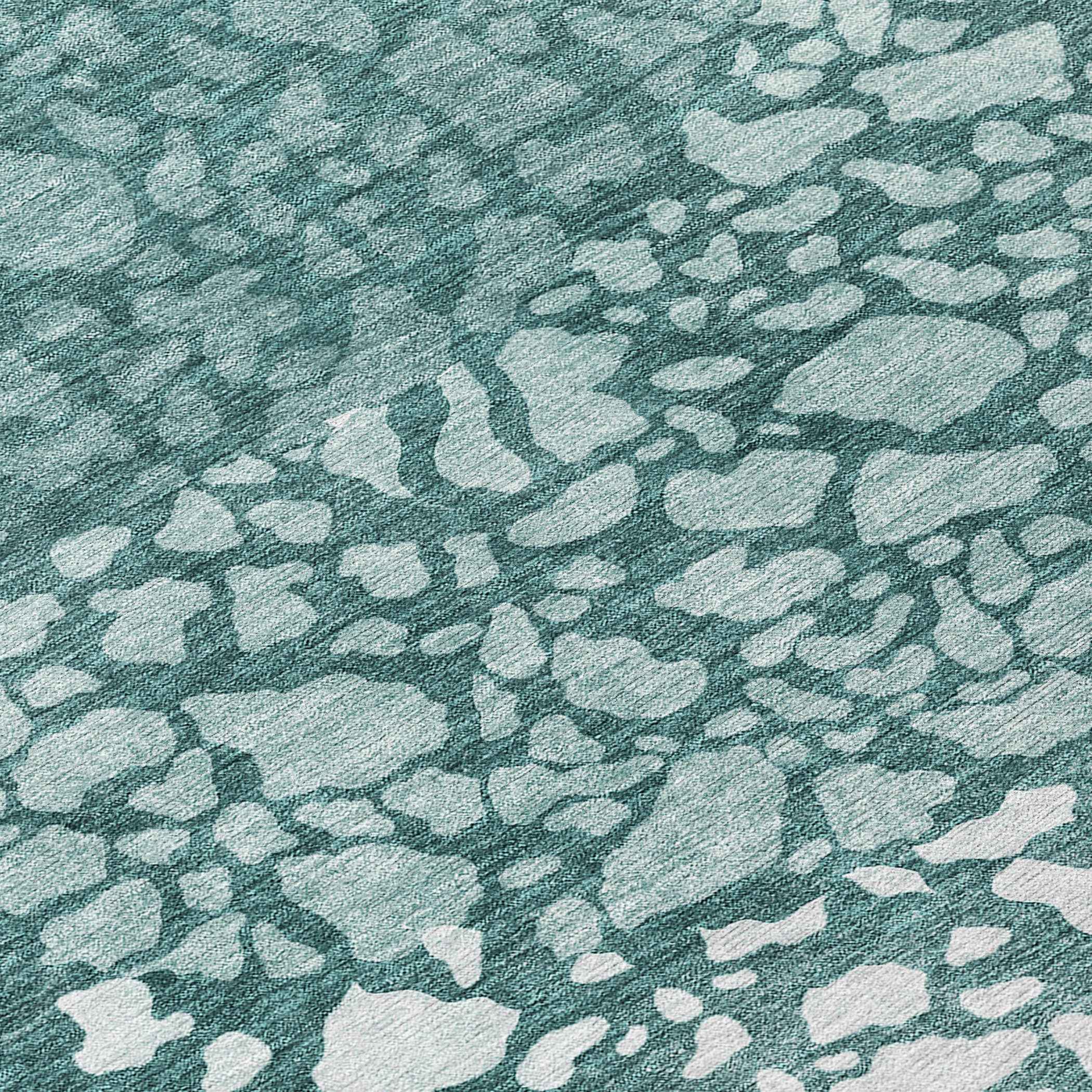 8' Dark Green Aqua And Ivory Round Abstract Washable Indoor Outdoor Area Rug