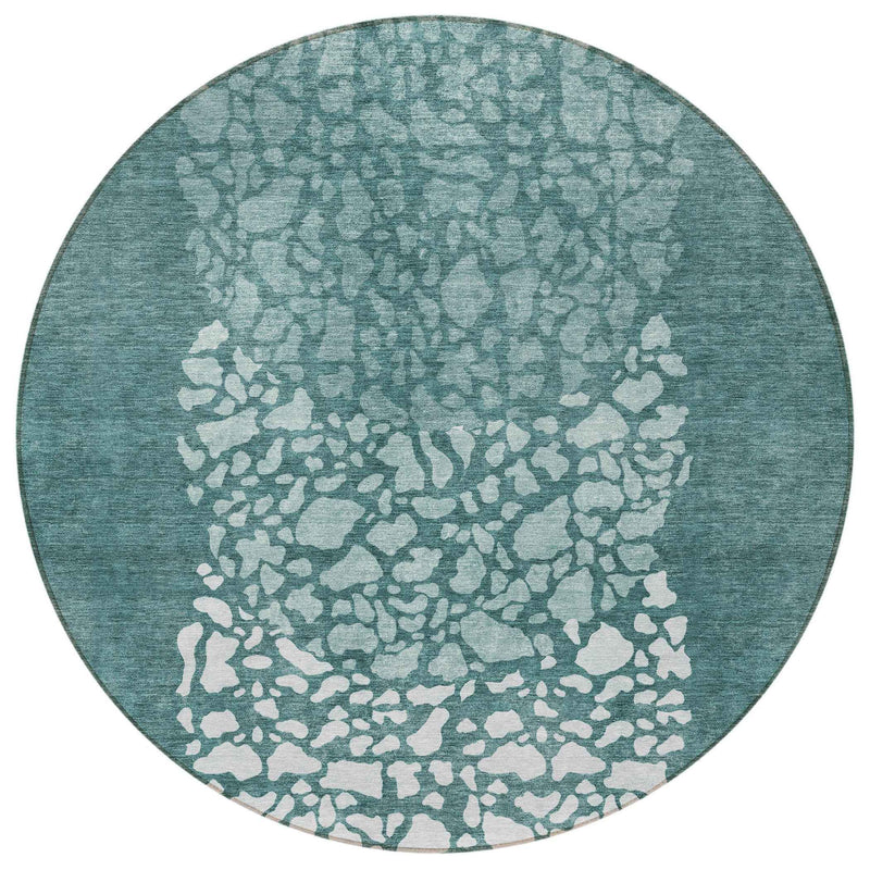 8' Dark Green Aqua And Ivory Round Abstract Washable Indoor Outdoor Area Rug