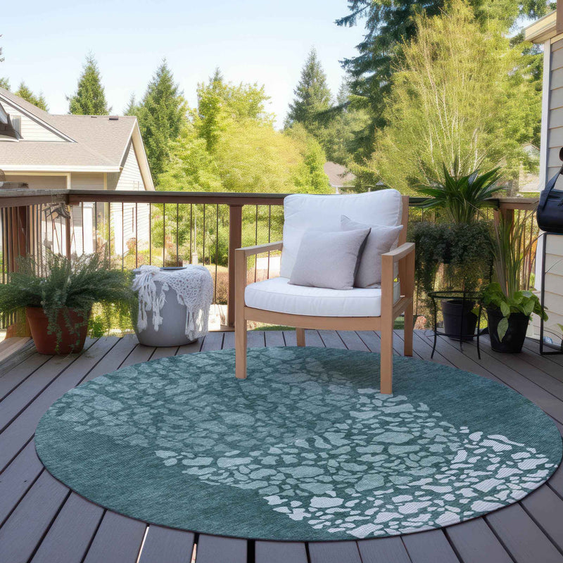 8' Dark Green Aqua And Ivory Round Abstract Washable Indoor Outdoor Area Rug