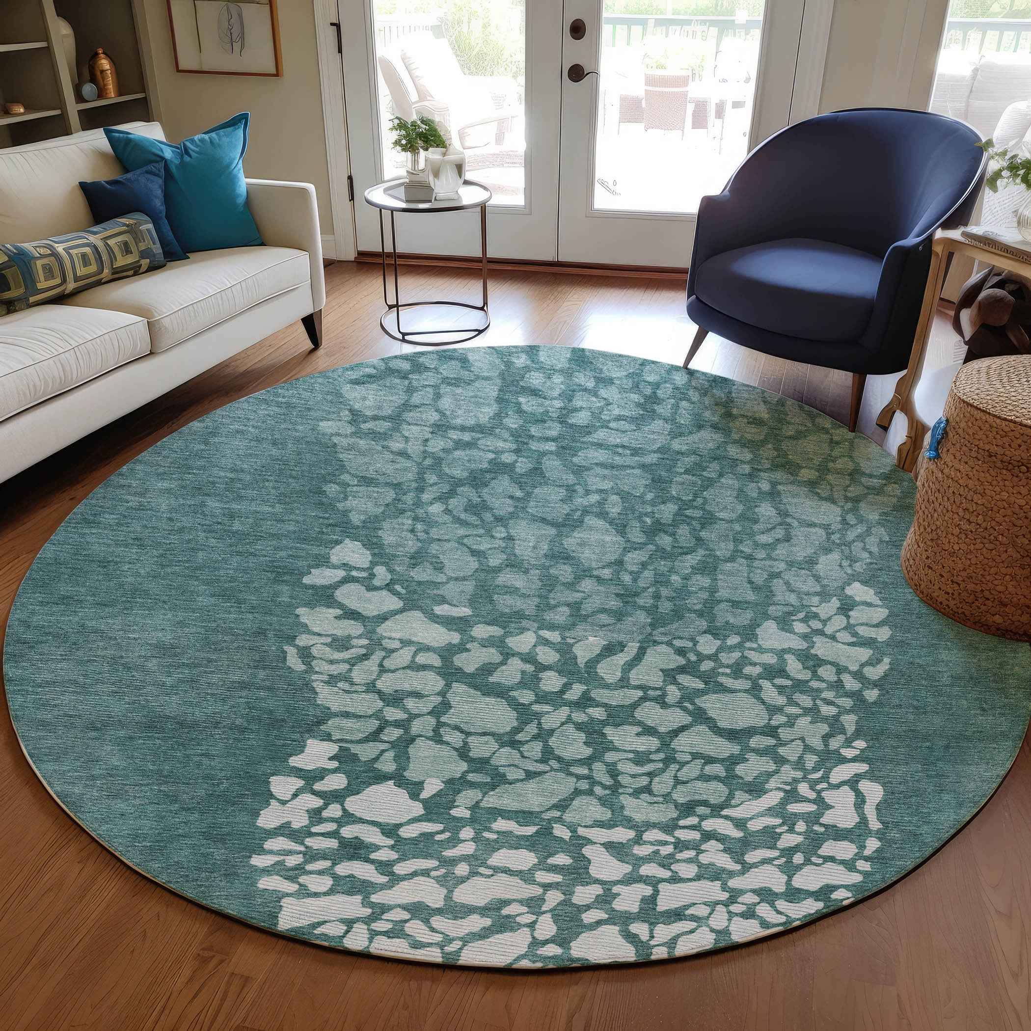 8' Dark Green Aqua And Ivory Round Abstract Washable Indoor Outdoor Area Rug