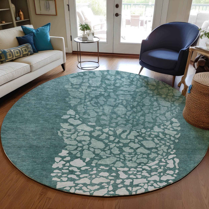 8' Dark Green Aqua And Ivory Round Abstract Washable Indoor Outdoor Area Rug