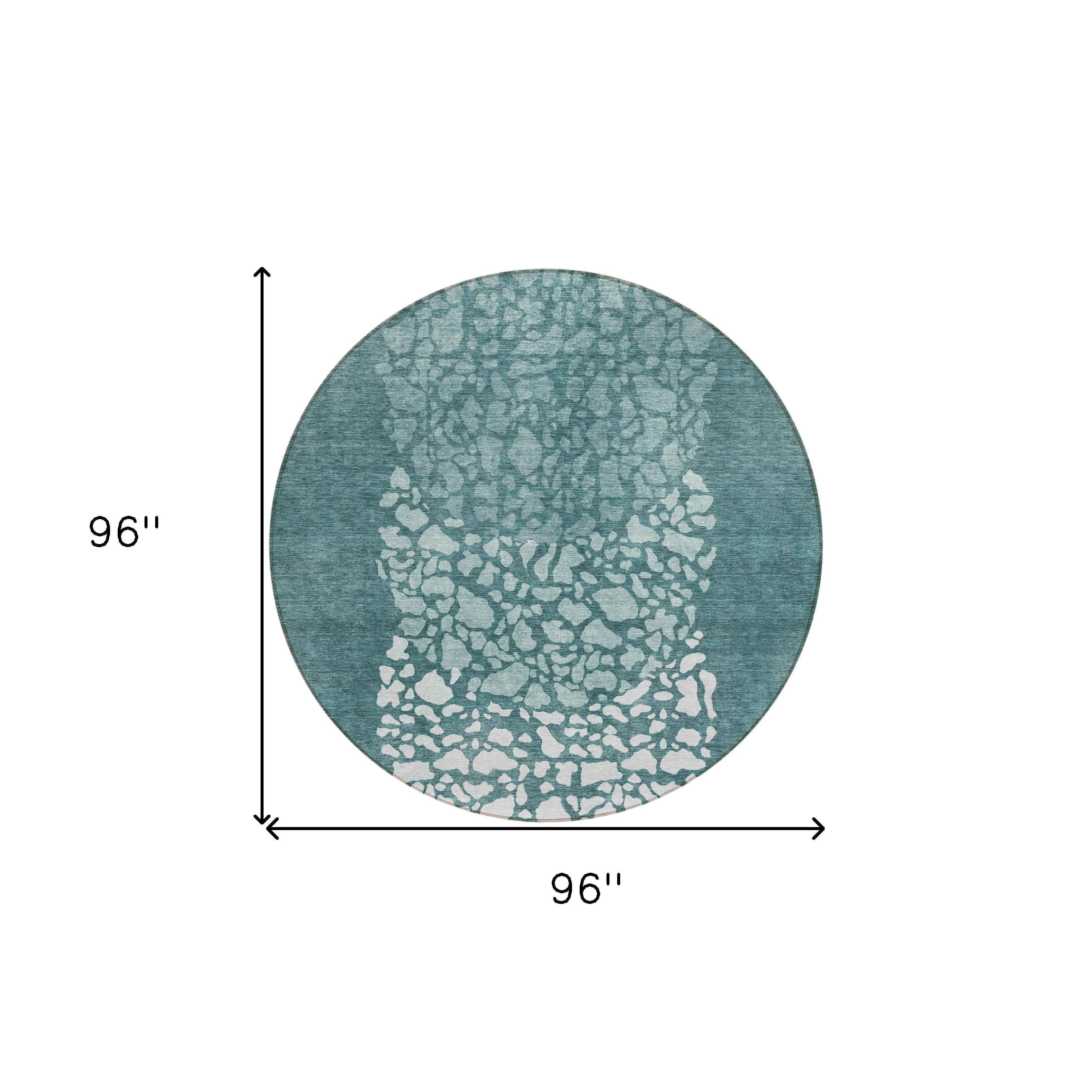 8' Dark Green Aqua And Ivory Round Abstract Washable Indoor Outdoor Area Rug