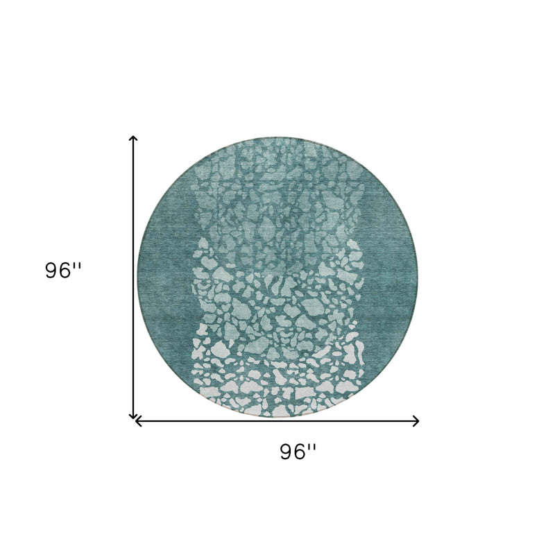 8' Dark Green Aqua And Ivory Round Abstract Washable Indoor Outdoor Area Rug