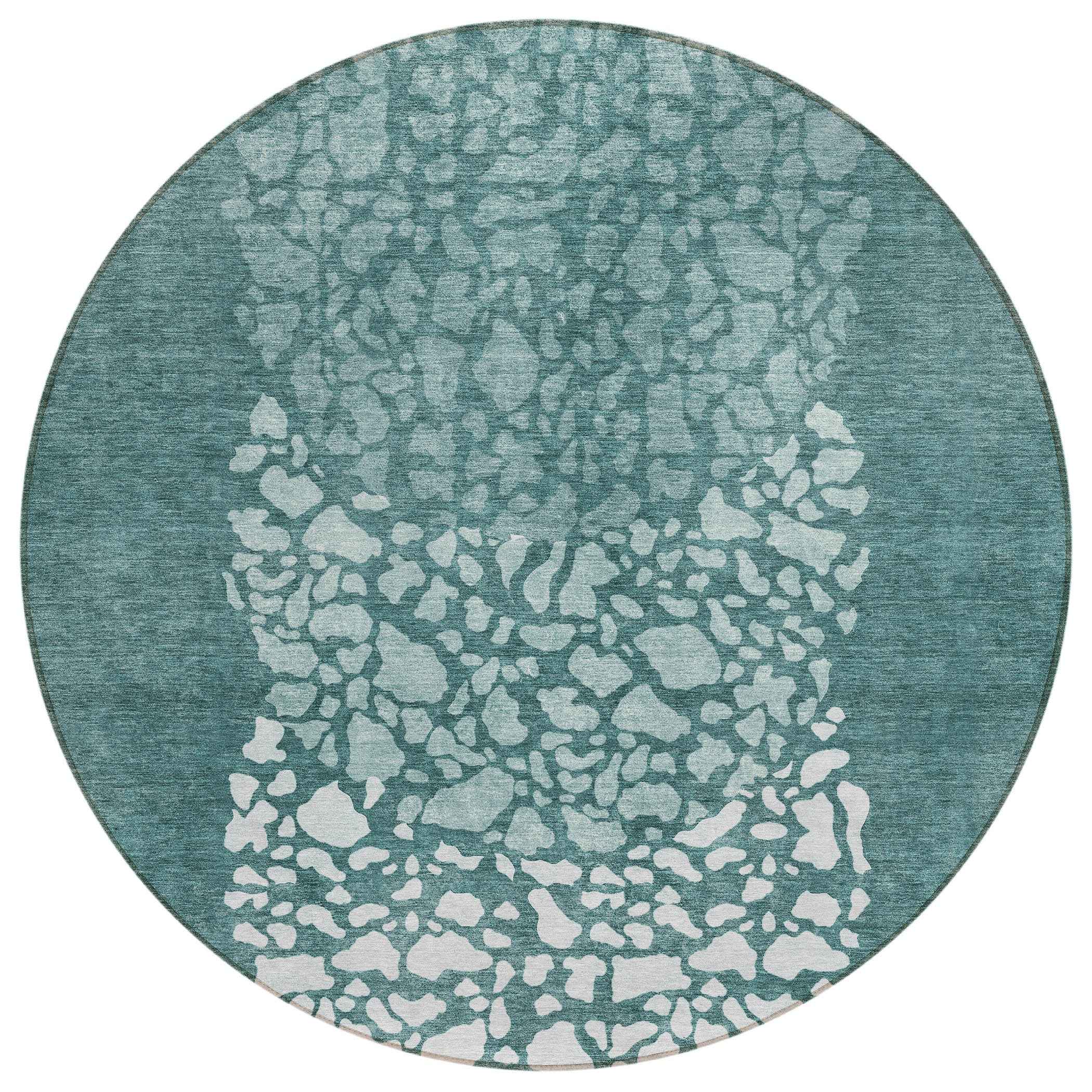 8' Dark Green Aqua And Ivory Round Abstract Washable Indoor Outdoor Area Rug