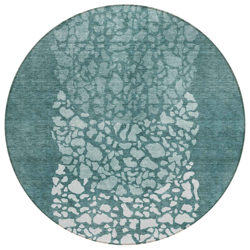 8' Dark Green Aqua And Ivory Round Abstract Washable Indoor Outdoor Area Rug