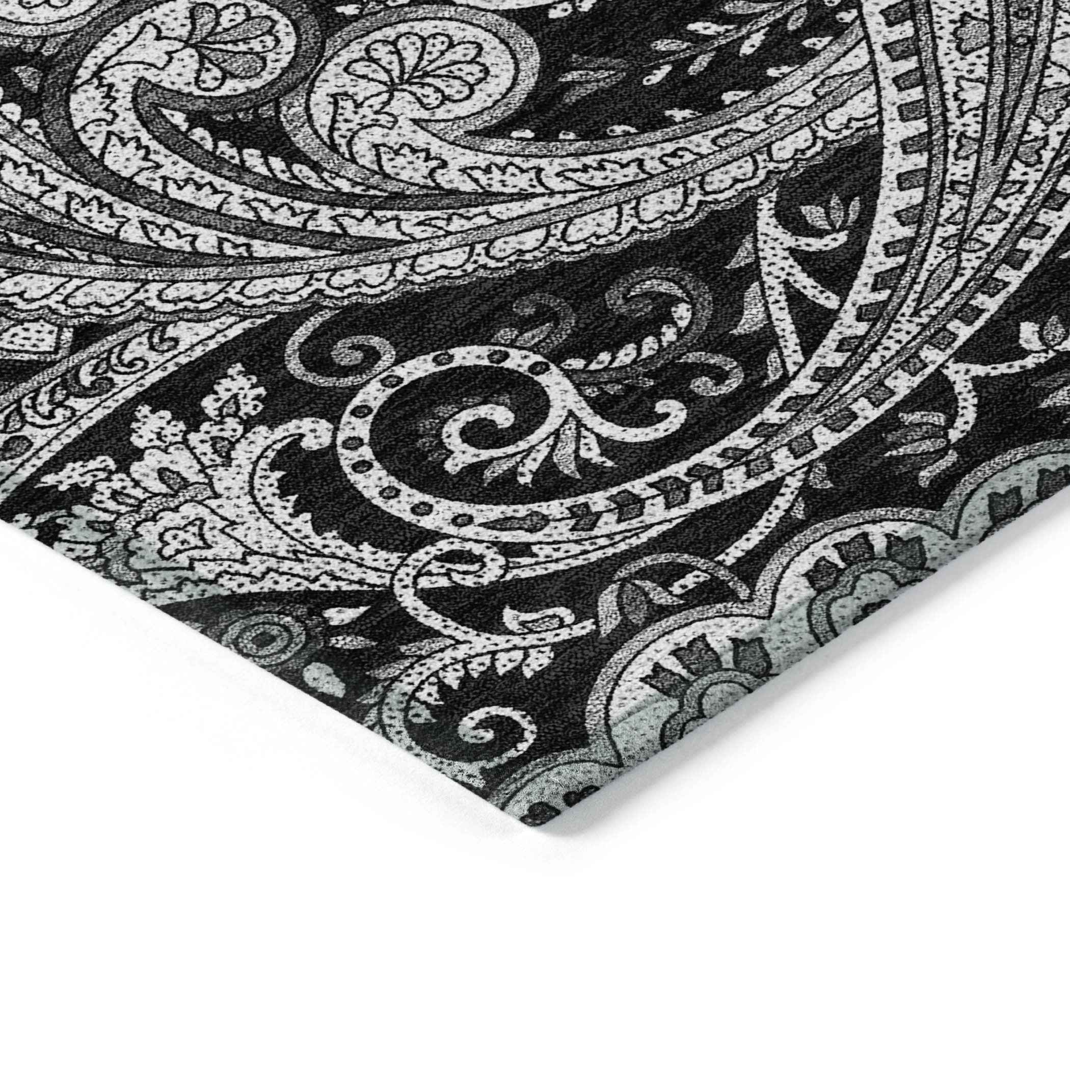 5' X 8' Black Gray And White Paisley Washable Indoor Outdoor Area Rug