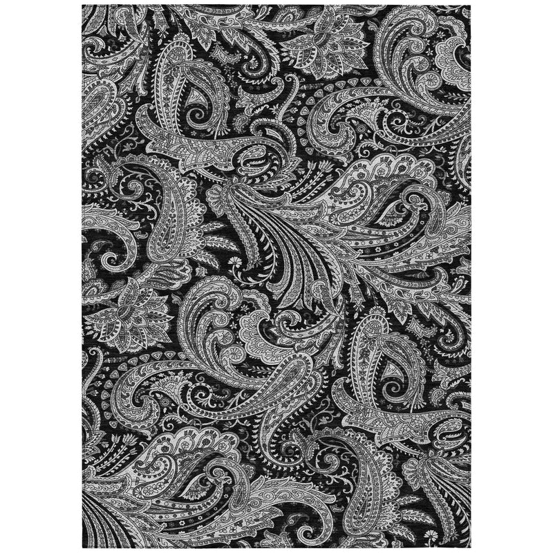 5' X 8' Black Gray And White Paisley Washable Indoor Outdoor Area Rug