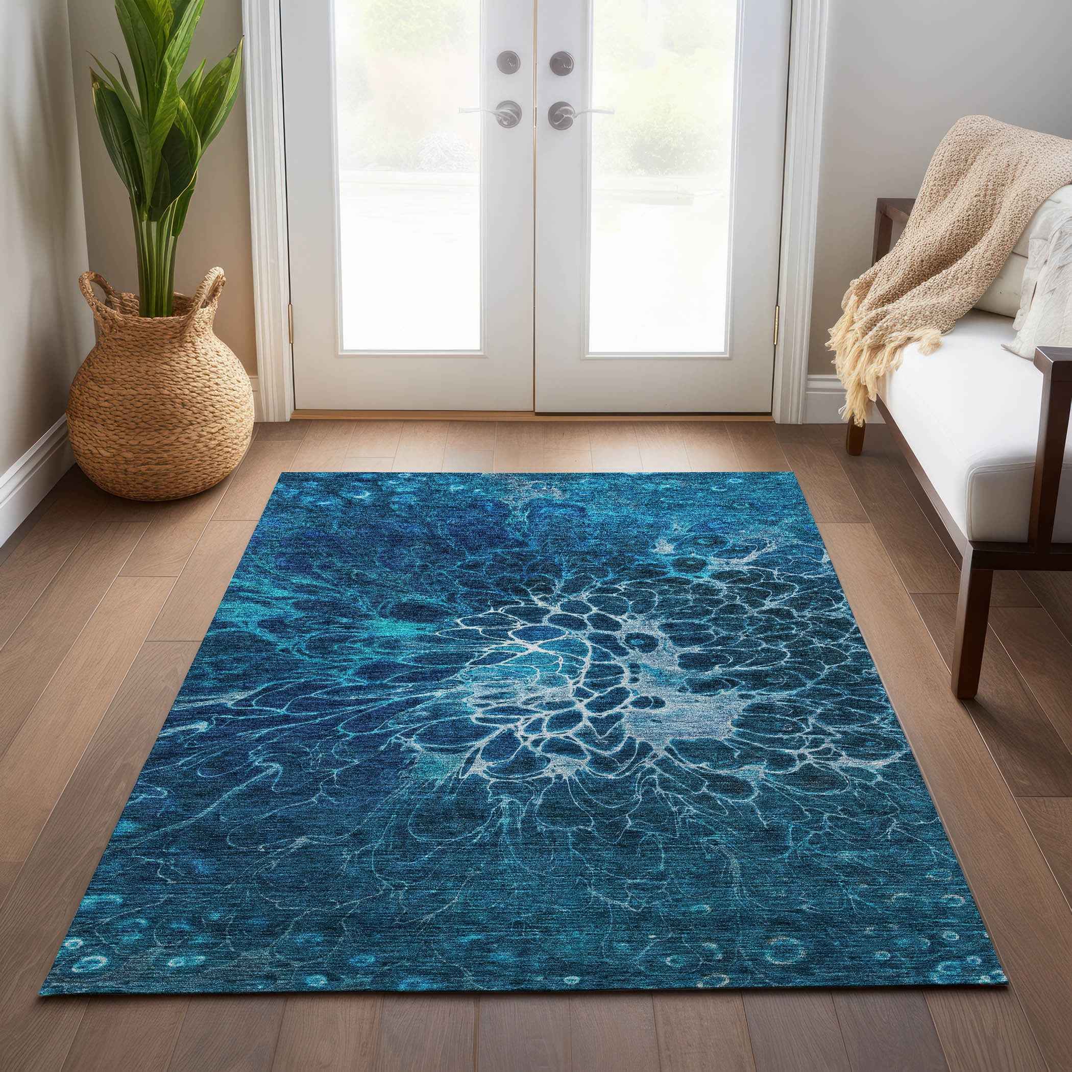 5' X 8' Navy Blue And Sky Blue Abstract Washable Indoor Outdoor Area Rug