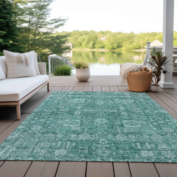 9' X 12' Dark Green And Aqua Oriental Washable Indoor Outdoor Area Rug