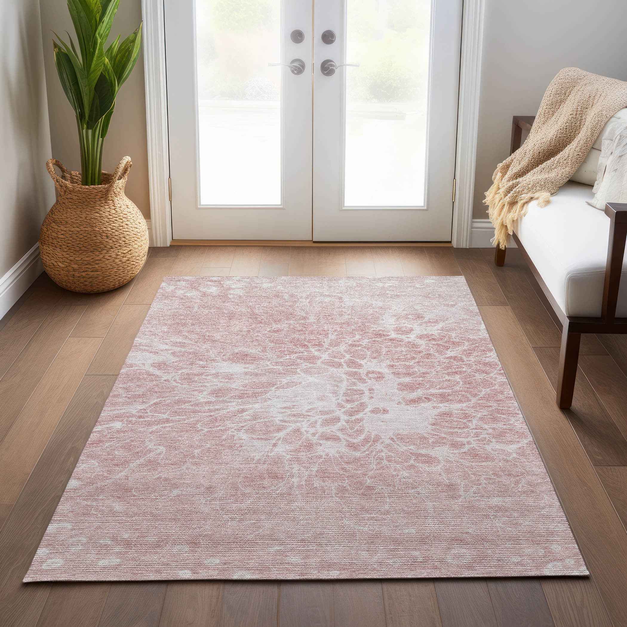 8' X 10' Pink Blush And Ivory Abstract Washable Indoor Outdoor Area Rug