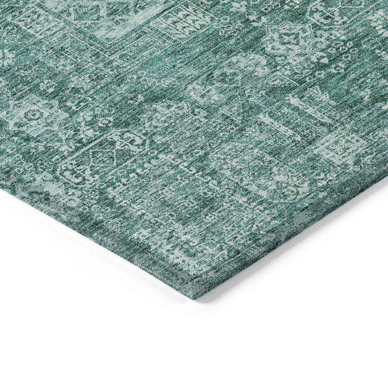 9' X 12' Dark Green And Aqua Oriental Washable Indoor Outdoor Area Rug