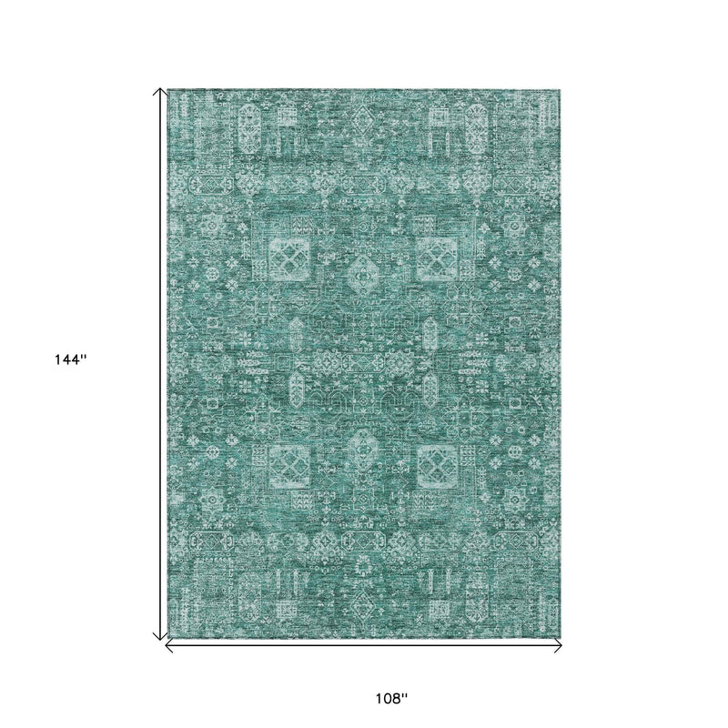 9' X 12' Dark Green And Aqua Oriental Washable Indoor Outdoor Area Rug