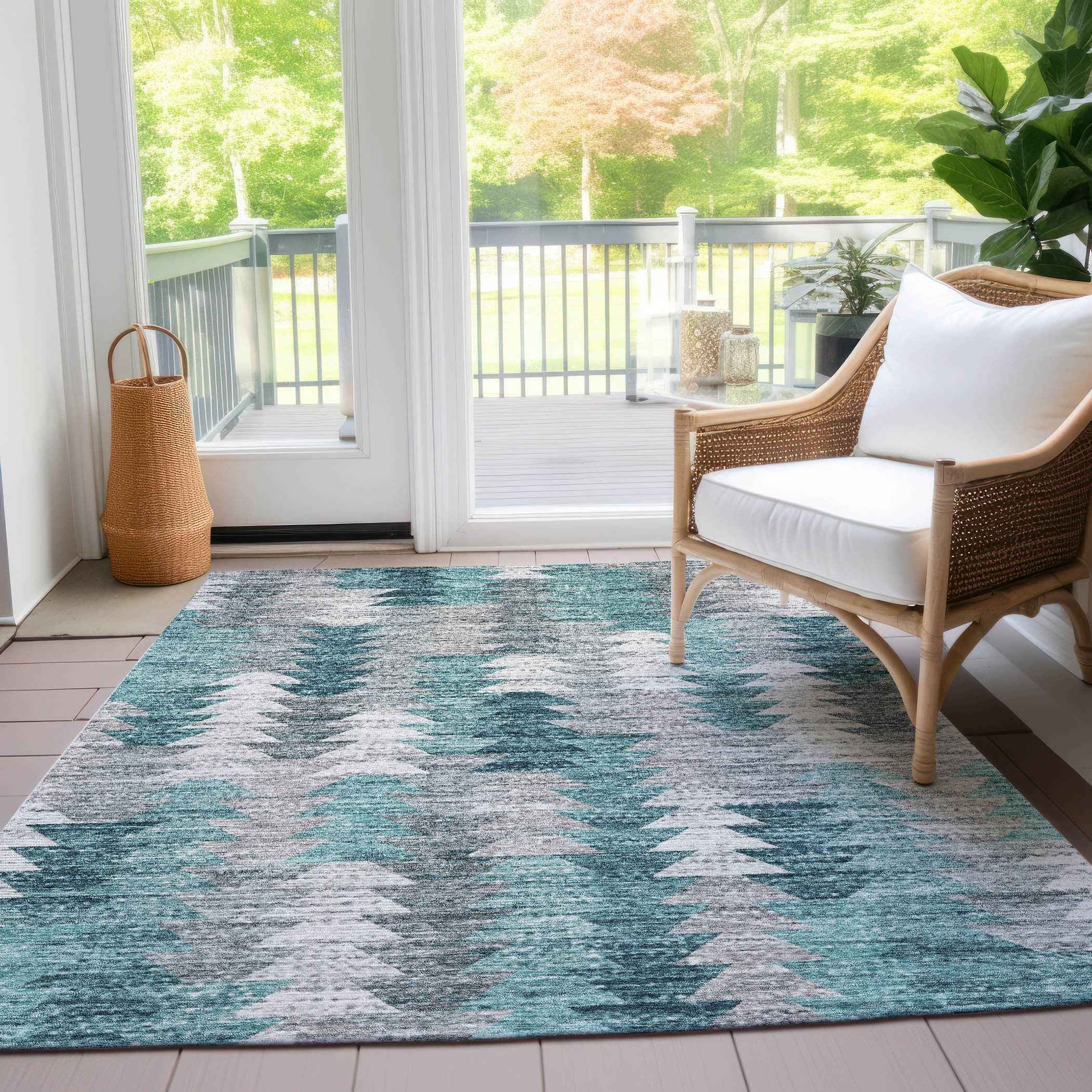 9' X 12' Dark Blue Aqua And Gray Geometric Washable Indoor Outdoor Area Rug