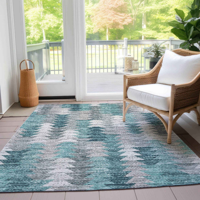 9' X 12' Dark Blue Aqua And Gray Geometric Washable Indoor Outdoor Area Rug
