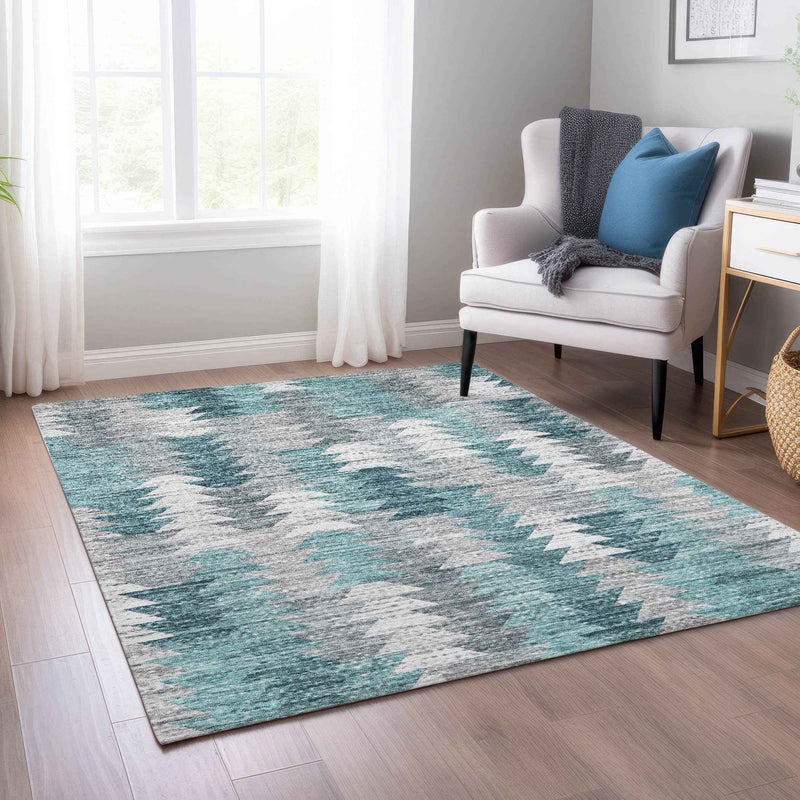 9' X 12' Dark Blue Aqua And Gray Geometric Washable Indoor Outdoor Area Rug