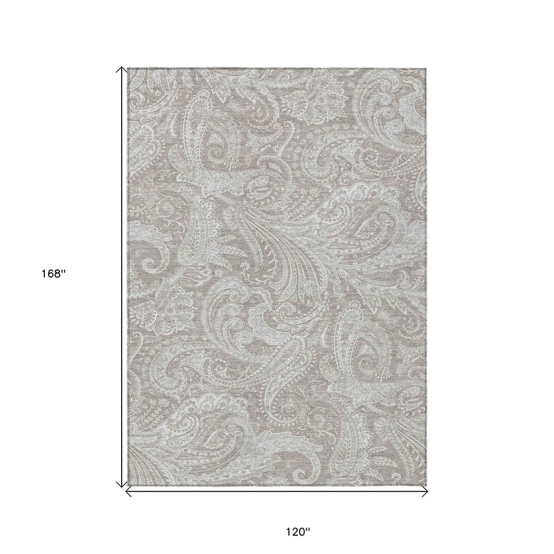 10' X 14' Taupe Beige And Ivory Paisley Washable Indoor Outdoor Area Rug