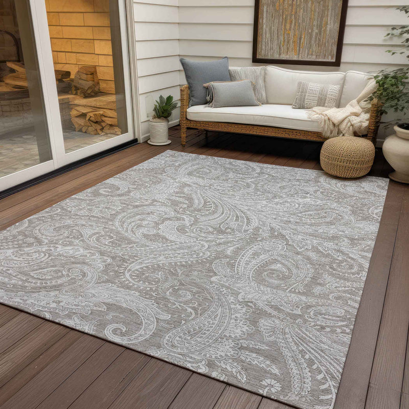 10' X 14' Taupe Beige And Ivory Paisley Washable Indoor Outdoor Area Rug