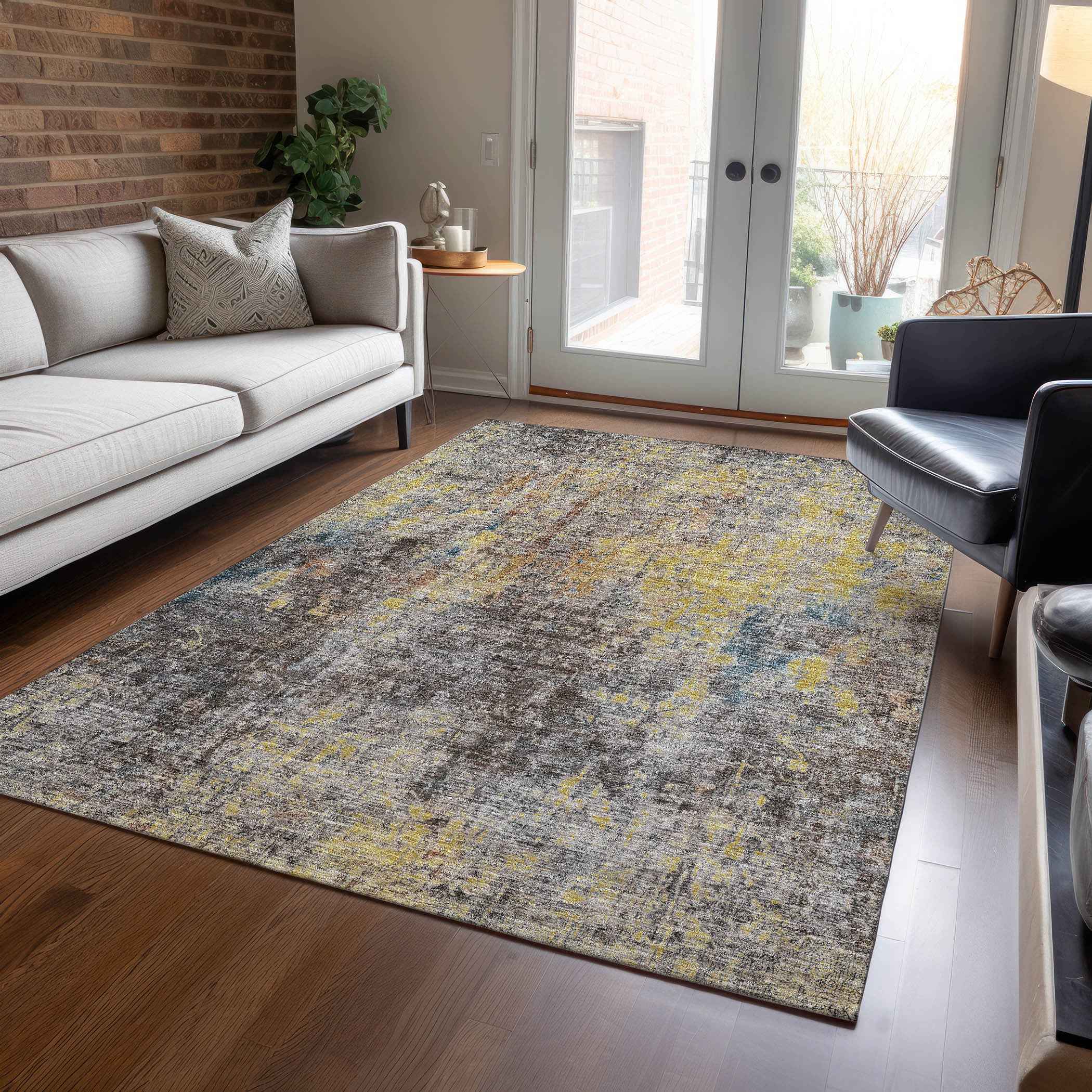 10' X 14' Brown And Gold Abstract Washable Indoor Outdoor Area Rug