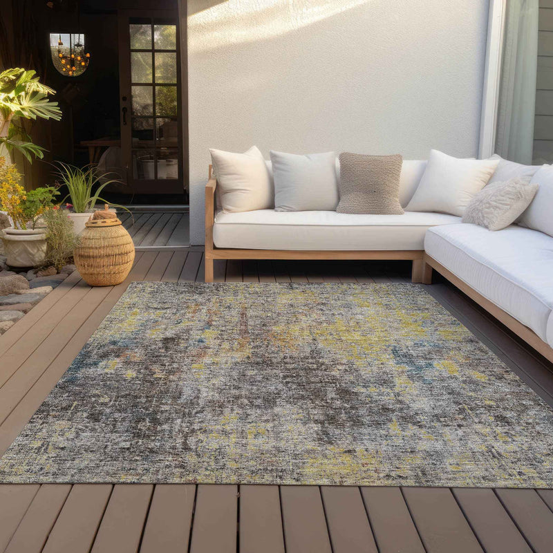 10' X 14' Brown And Gold Abstract Washable Indoor Outdoor Area Rug