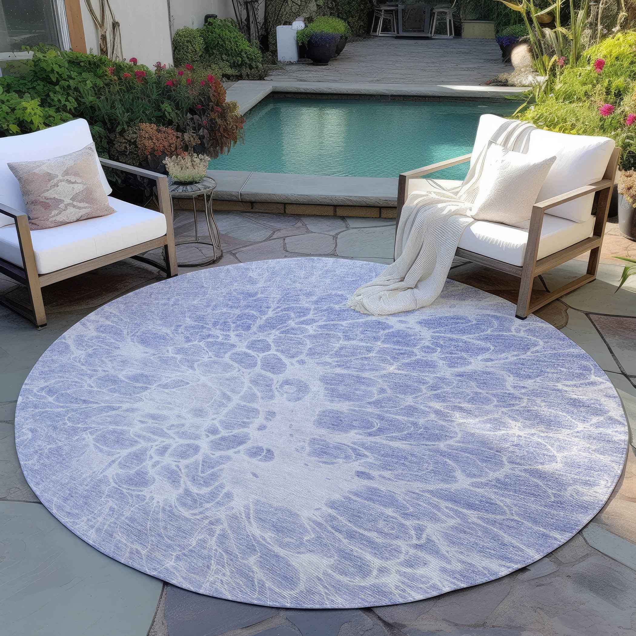 8' Lavender Ivory And Lilac Round Abstract Washable Indoor Outdoor Area Rug