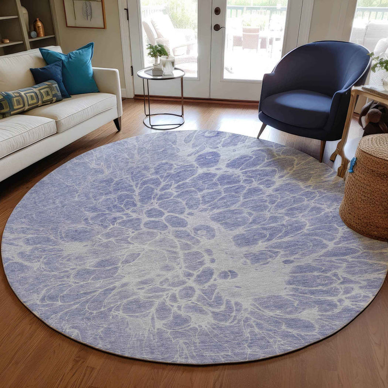 8' Lavender Ivory And Lilac Round Abstract Washable Indoor Outdoor Area Rug