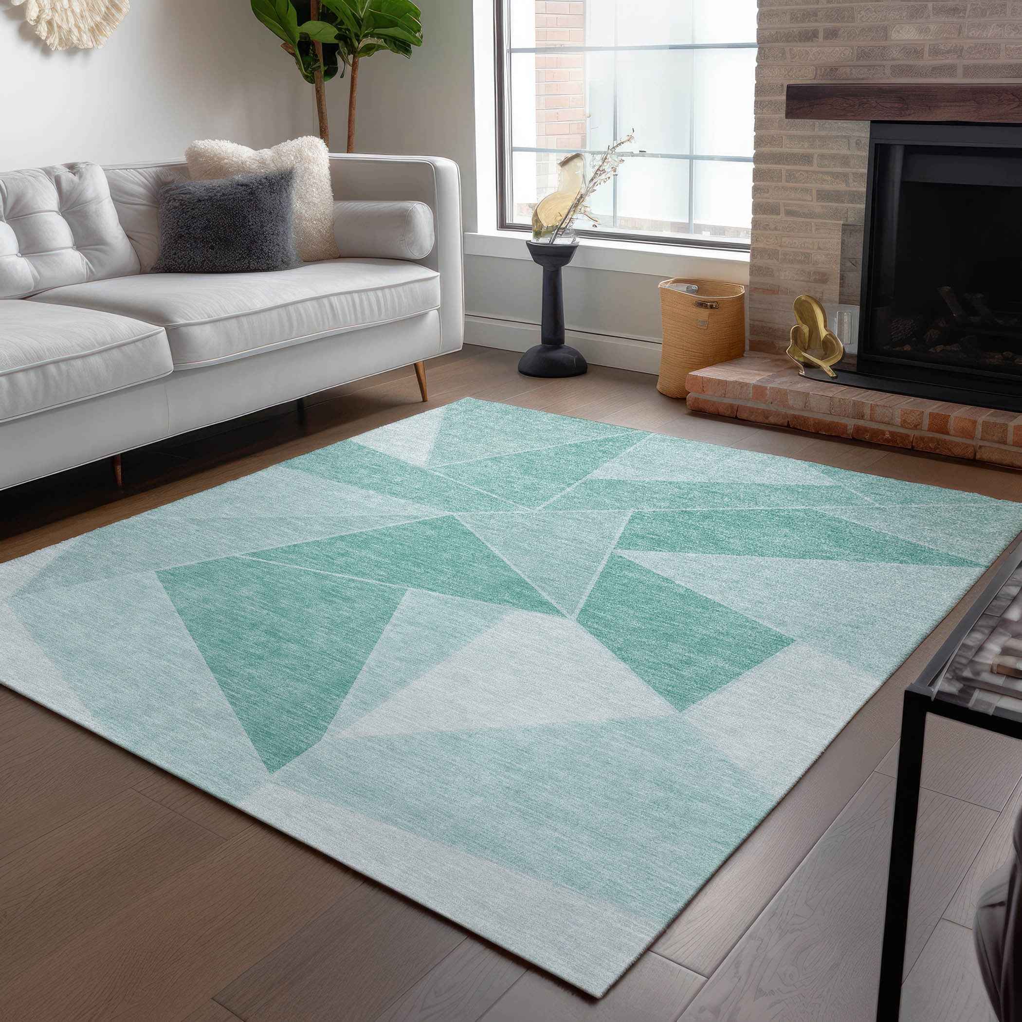 3' X 5' Mint Green And Aqua Geometric Washable Indoor Outdoor Area Rug
