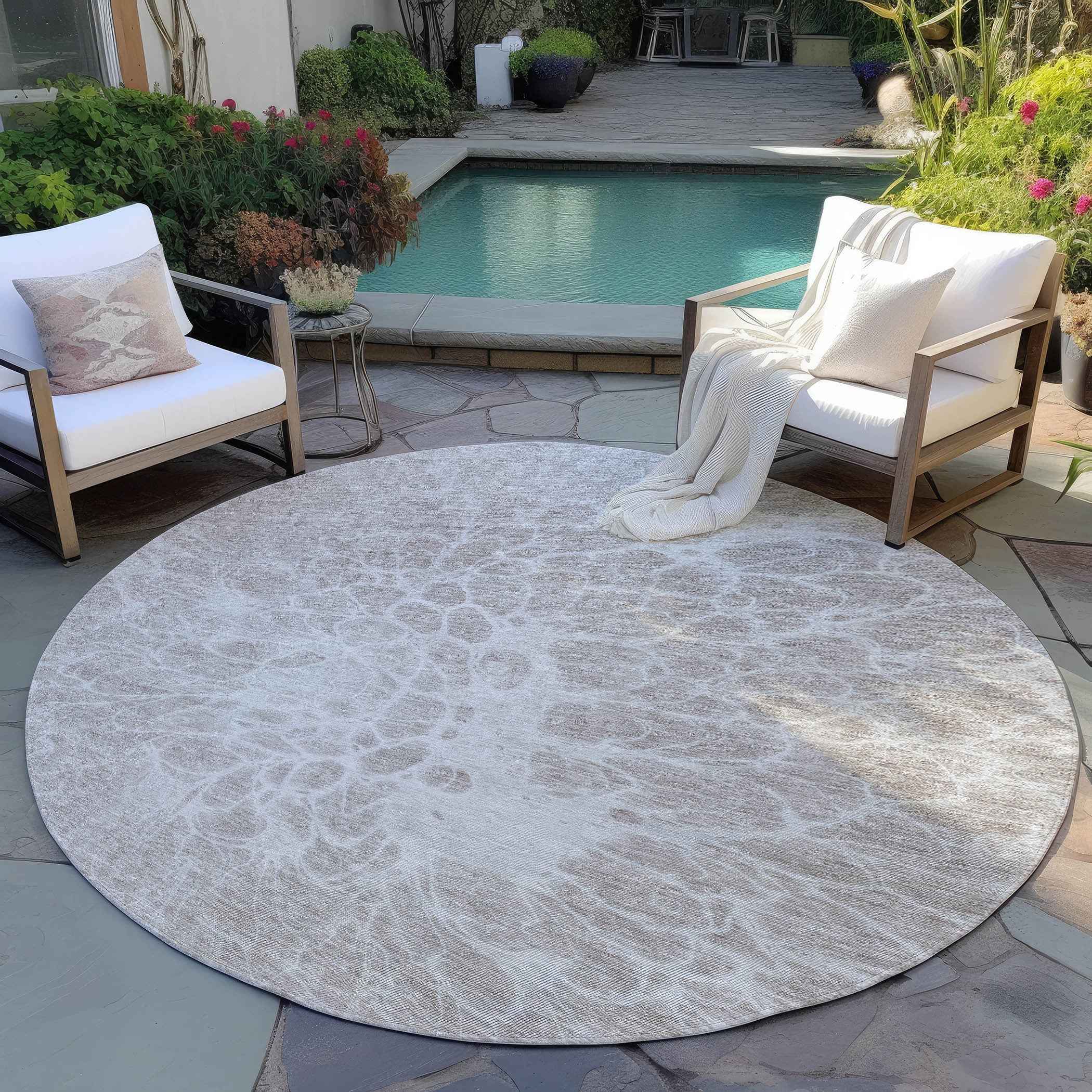 8' Taupe Beige And Ivory Round Abstract Washable Indoor Outdoor Area Rug