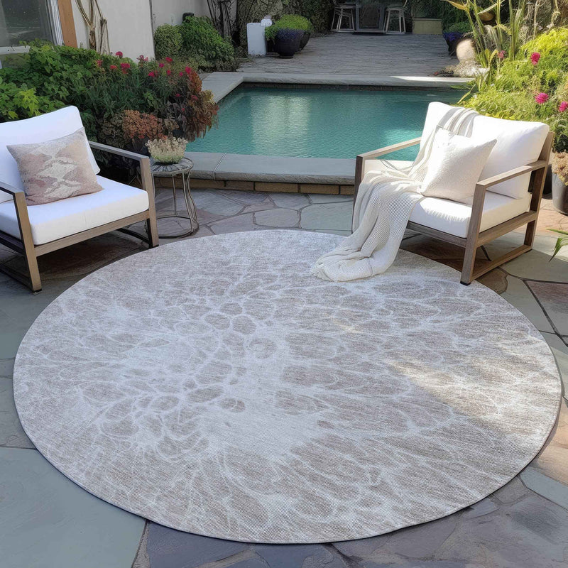 8' Taupe Beige And Ivory Round Abstract Washable Indoor Outdoor Area Rug