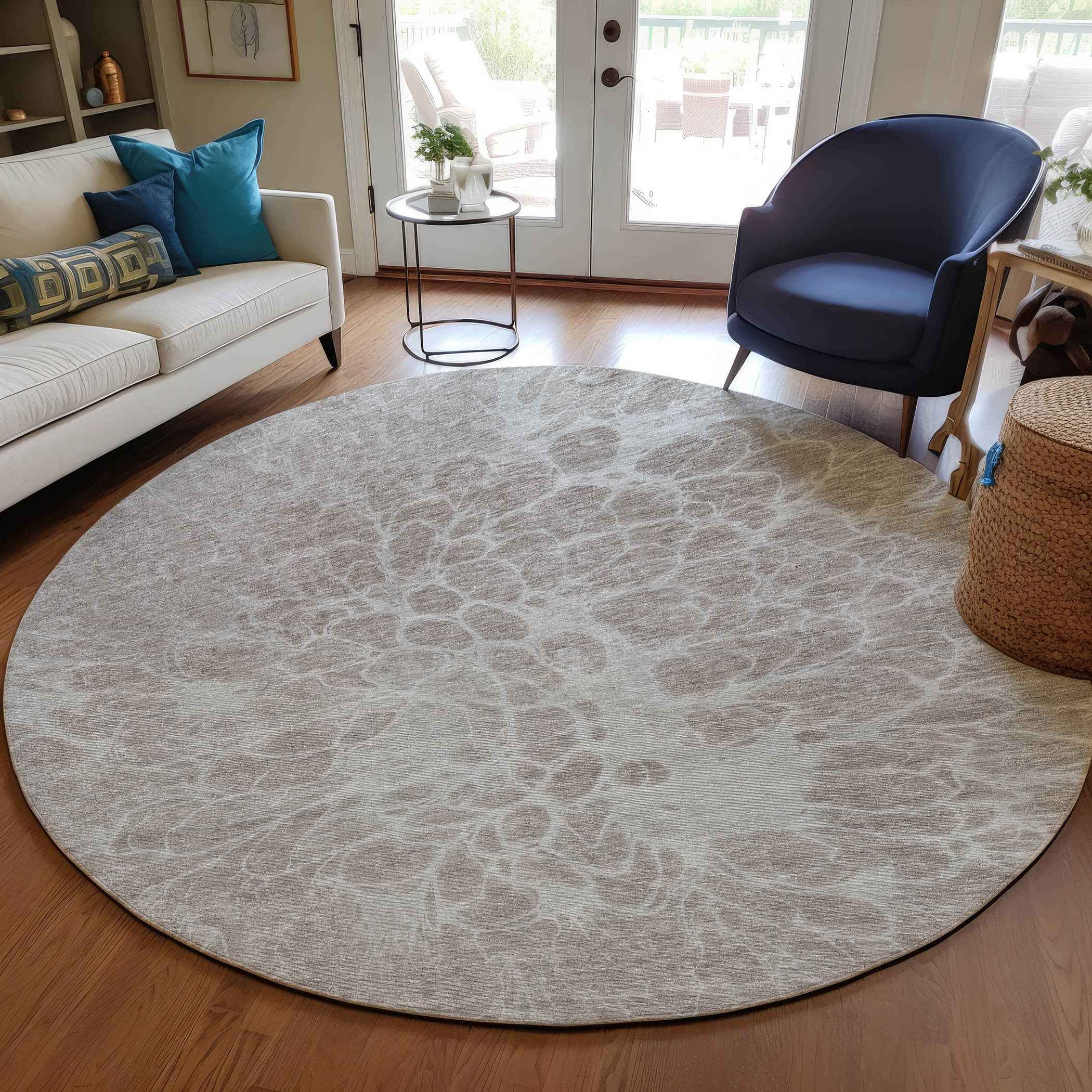 8' Taupe Beige And Ivory Round Abstract Washable Indoor Outdoor Area Rug