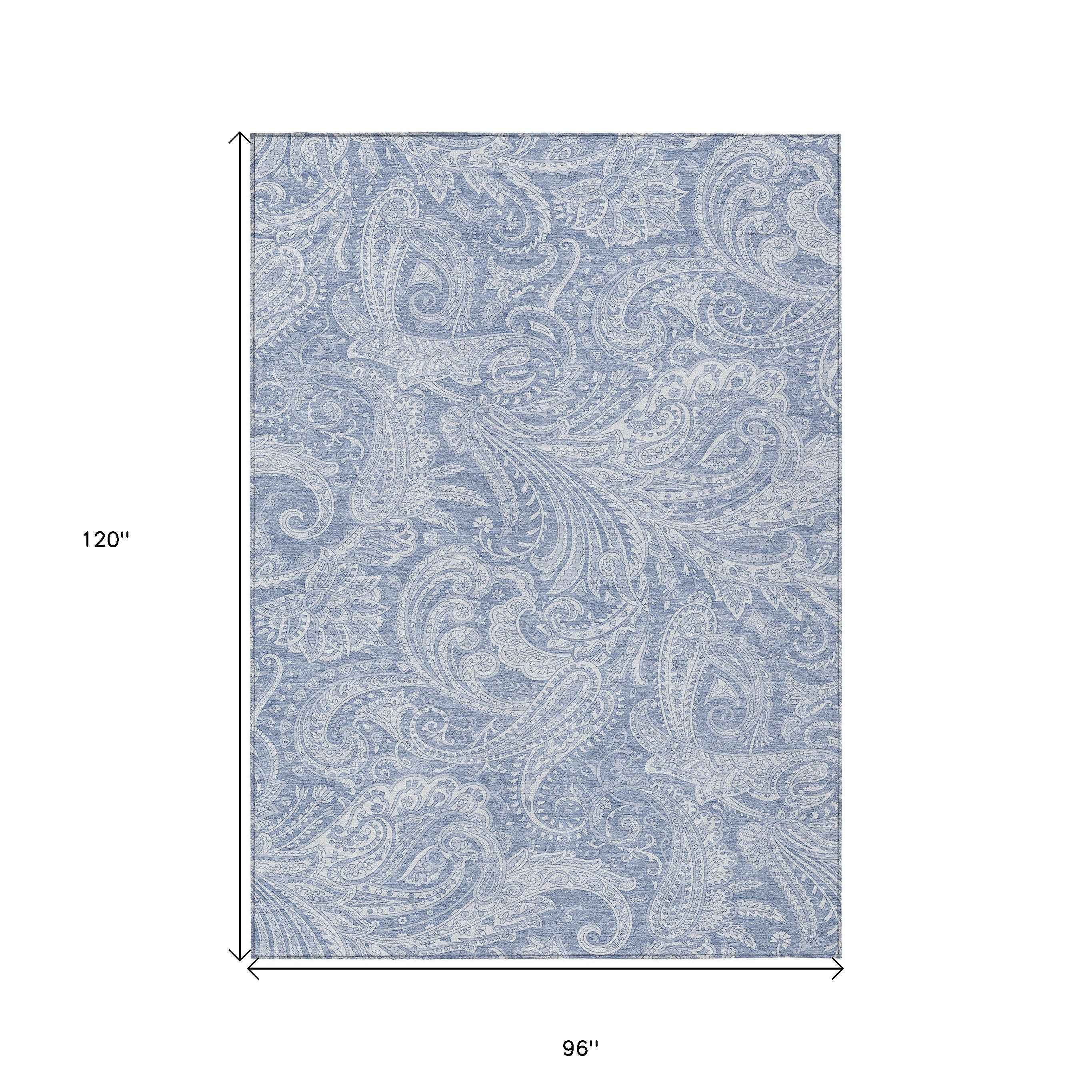 8' X 10' Denim Blue Sky Blue And Ivory Paisley Washable Indoor Outdoor Area Rug