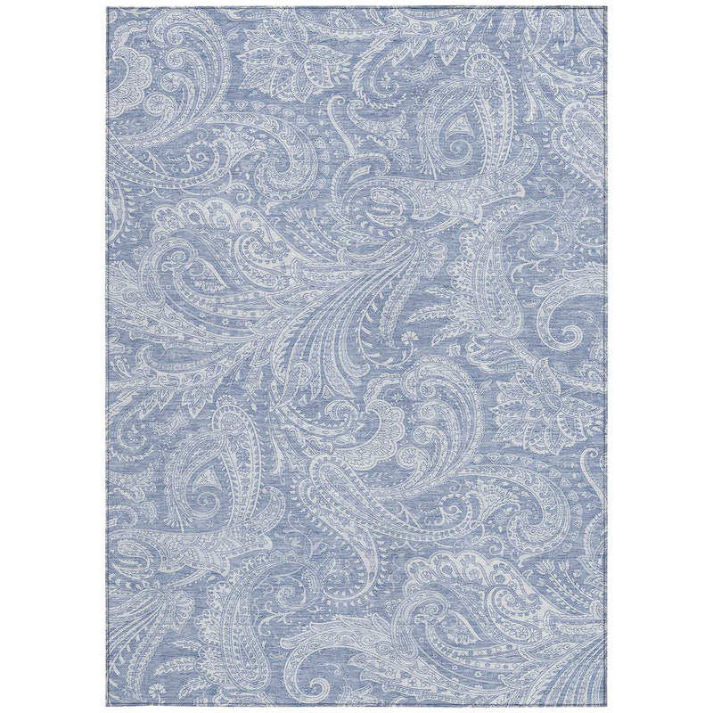 8' X 10' Denim Blue Sky Blue And Ivory Paisley Washable Indoor Outdoor Area Rug