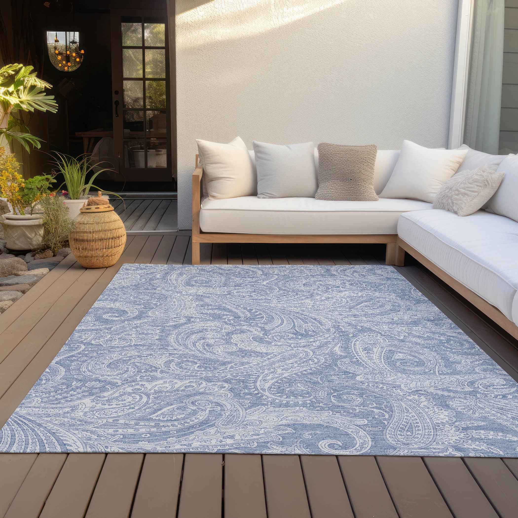 8' X 10' Denim Blue Sky Blue And Ivory Paisley Washable Indoor Outdoor Area Rug