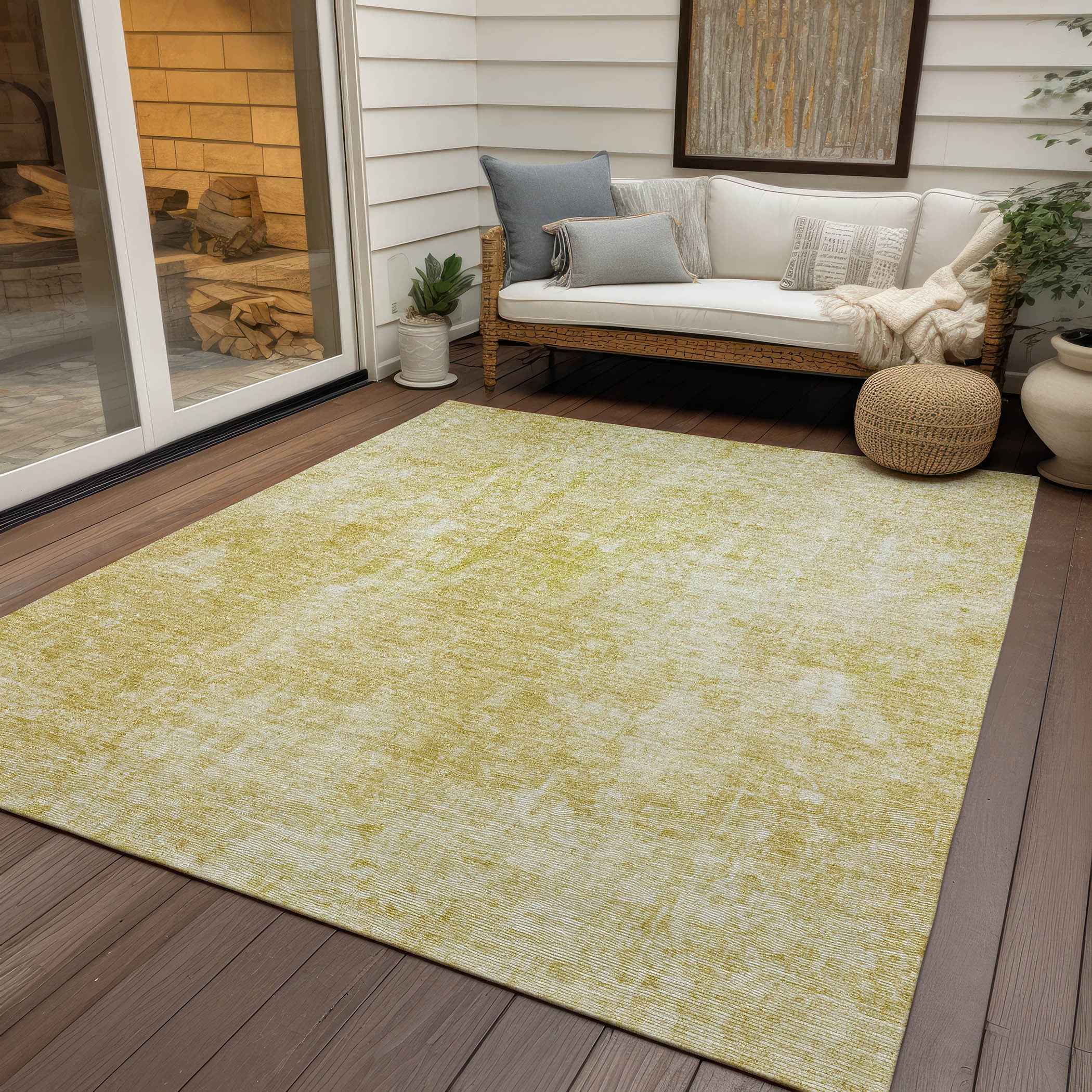 9' X 12' Gold Wheat And Ivory Abstract Washable Indoor Outdoor Area Rug
