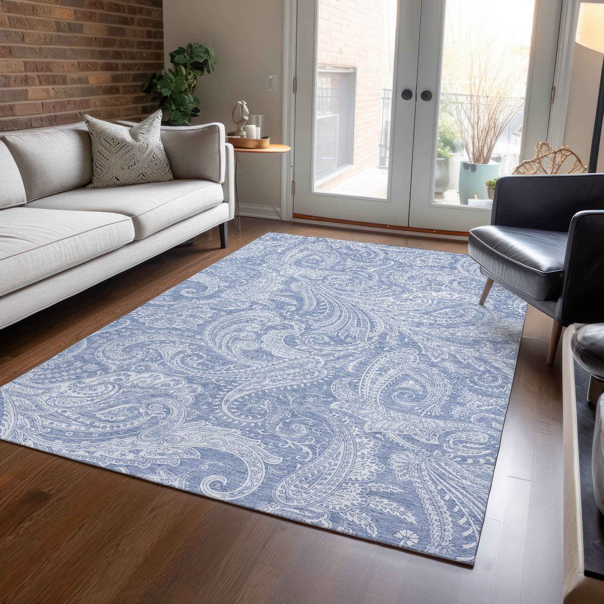8' X 10' Denim Blue Sky Blue And Ivory Paisley Washable Indoor Outdoor Area Rug