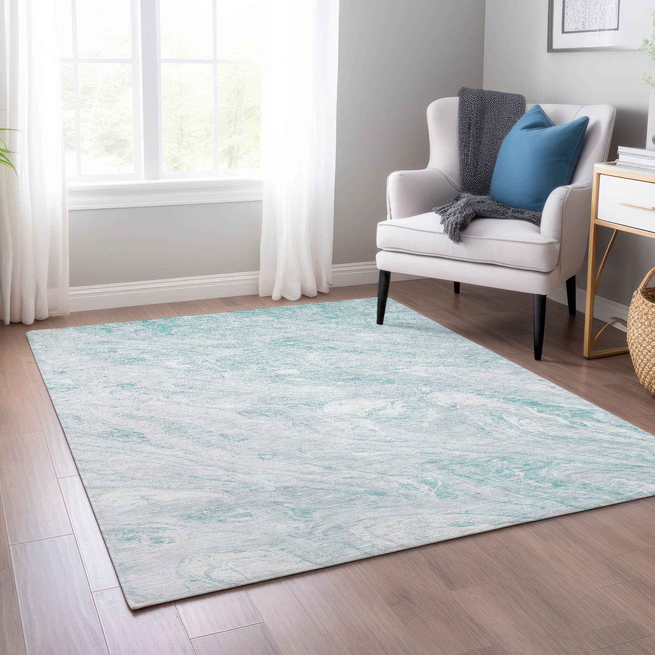 8' X 10' Aquamarine Aqua And Ivory Abstract Washable Indoor Outdoor Area Rug