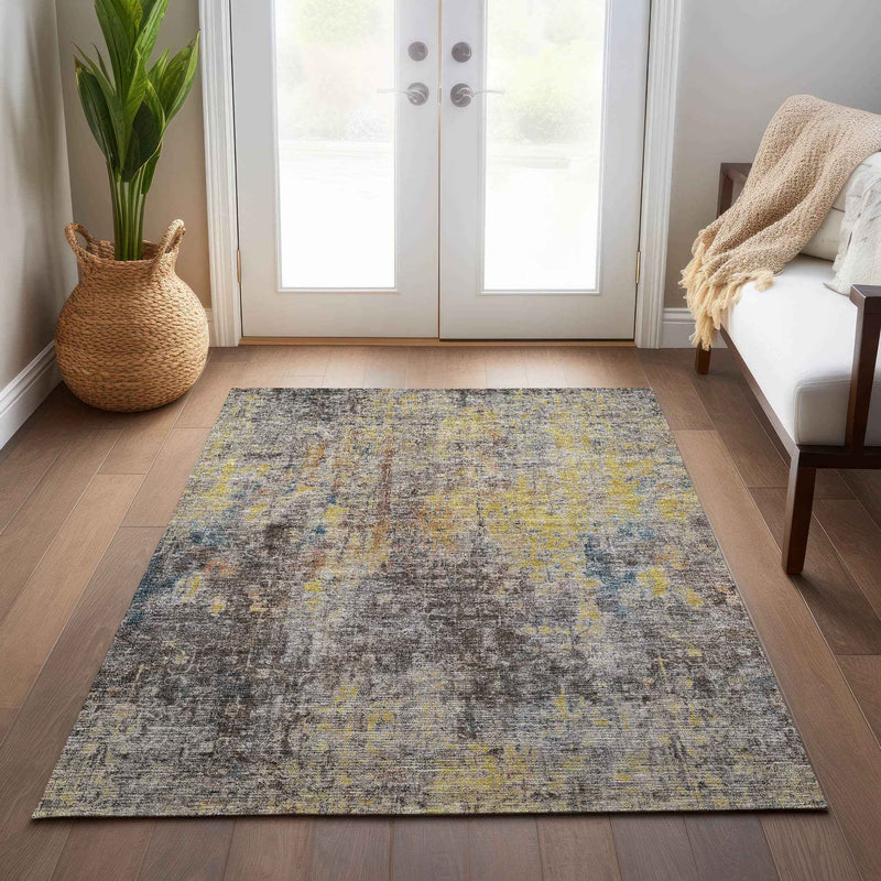 8' X 10' Brown And Gold Abstract Washable Indoor Outdoor Area Rug