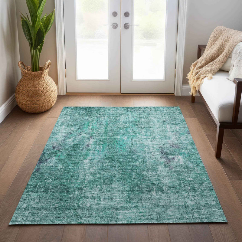 5' X 8' Teal Blue Green And Gray Abstract Washable Indoor Outdoor Area Rug