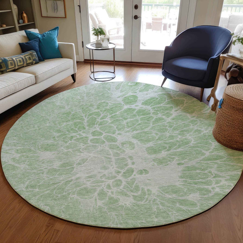 8' Mint Green And Ivory Round Abstract Washable Indoor Outdoor Area Rug