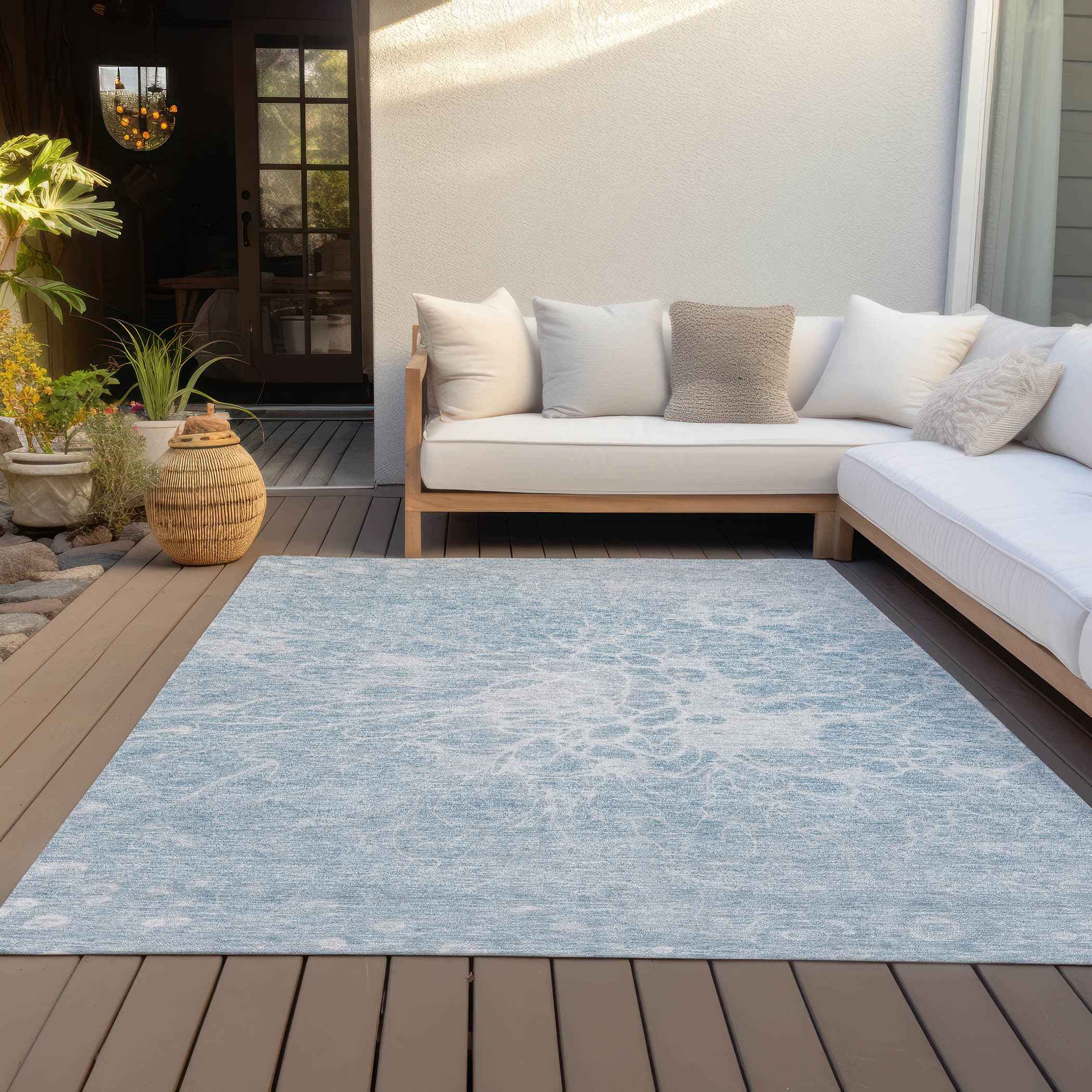 8' X 10' Sky Blue And Denim Blue Abstract Washable Indoor Outdoor Area Rug