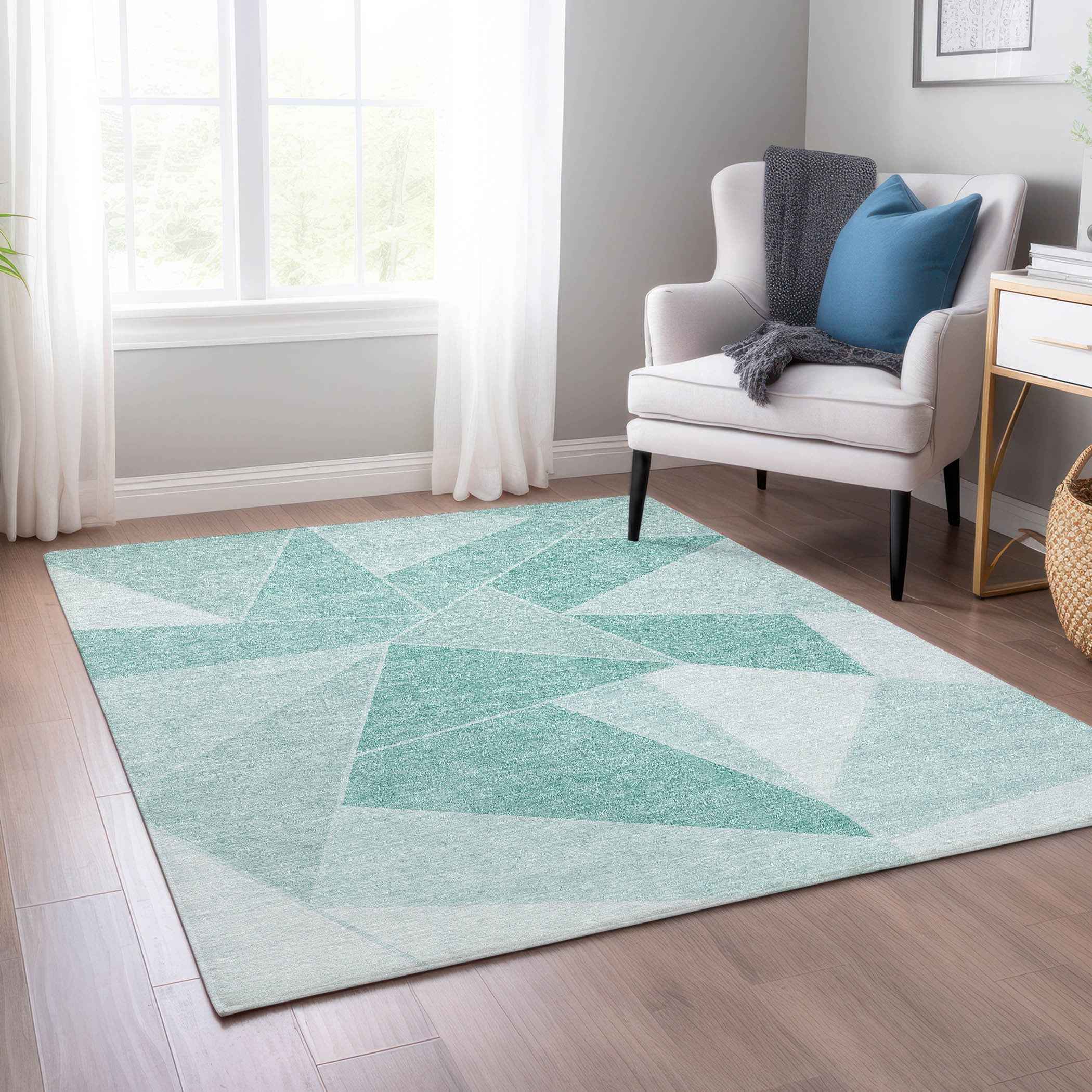 5' X 8' Mint Green And Aqua Geometric Washable Indoor Outdoor Area Rug