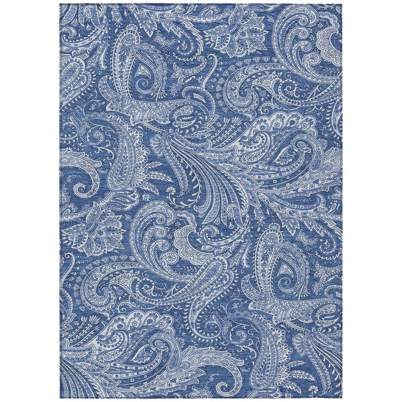 5' X 8' Navy Blue And Denim Blue Paisley Washable Indoor Outdoor Area Rug
