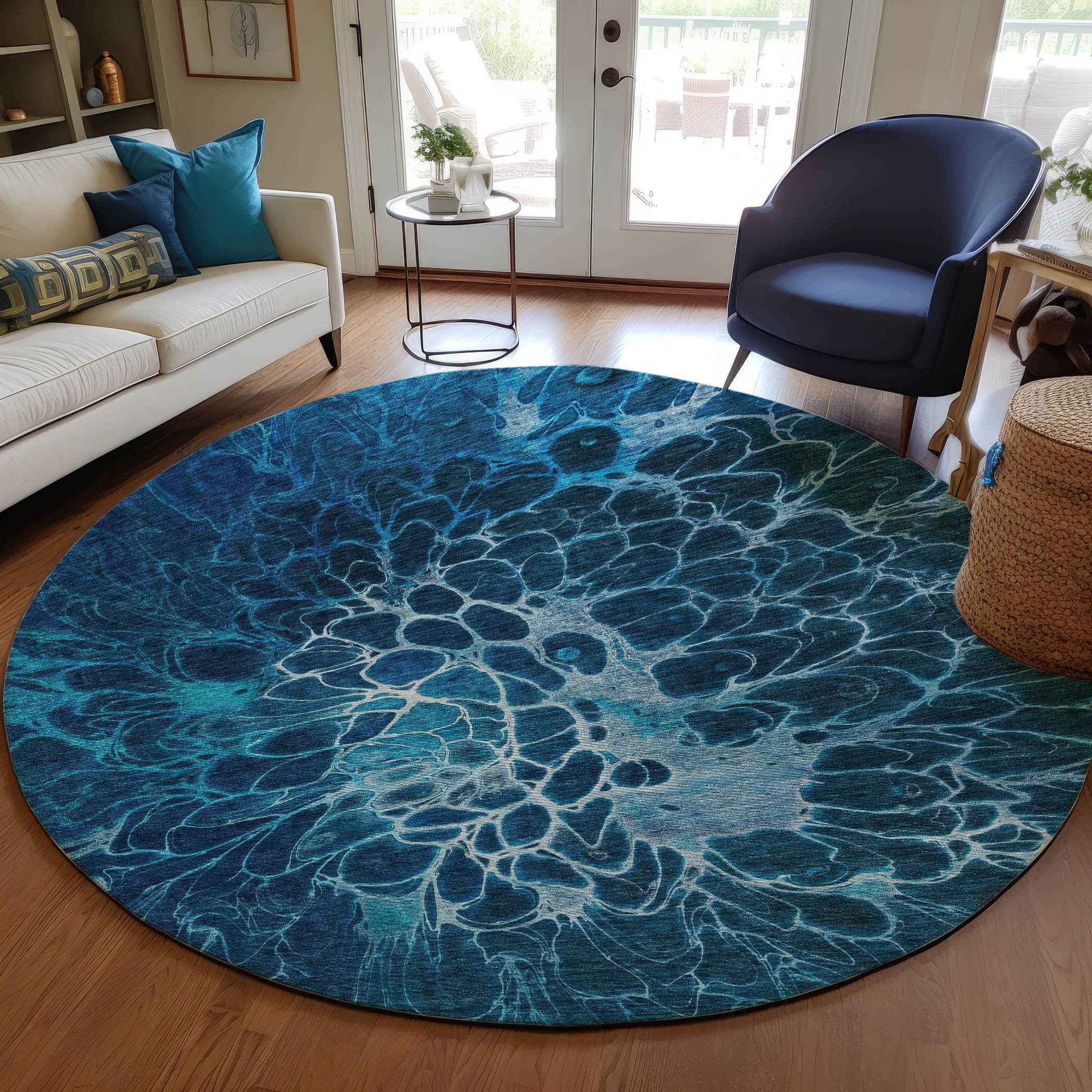 8' Navy Blue And Sky Blue Round Abstract Washable Indoor Outdoor Area Rug