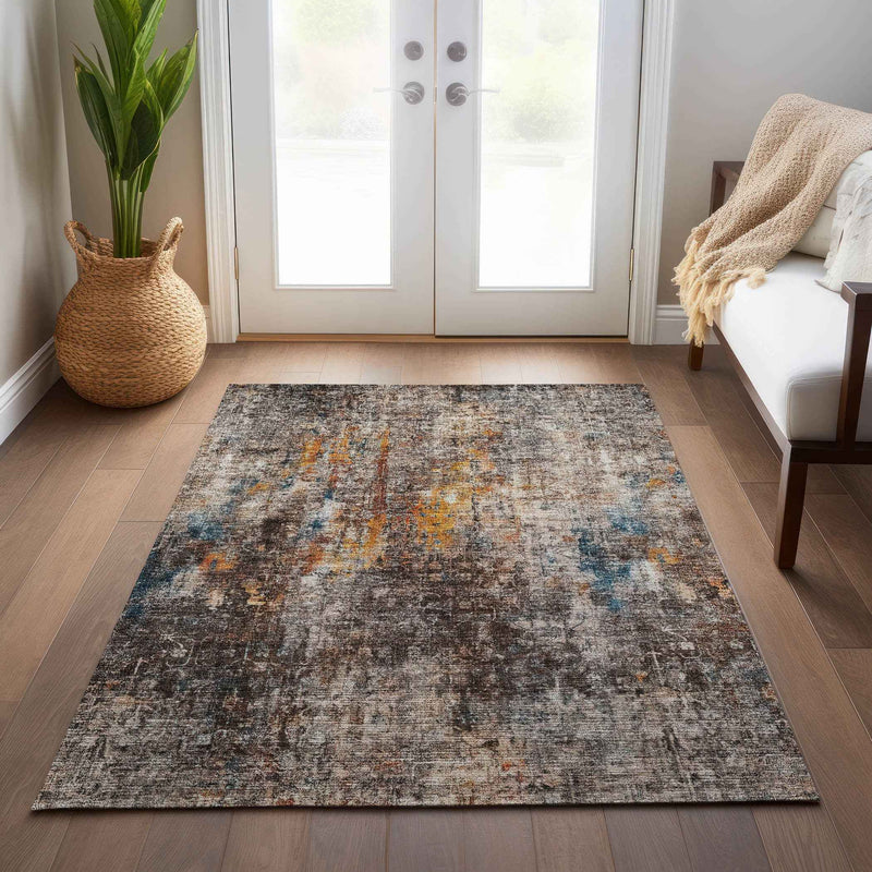 8' X 10' Taupe Chocolate And Copper Abstract Washable Indoor Outdoor Area Rug