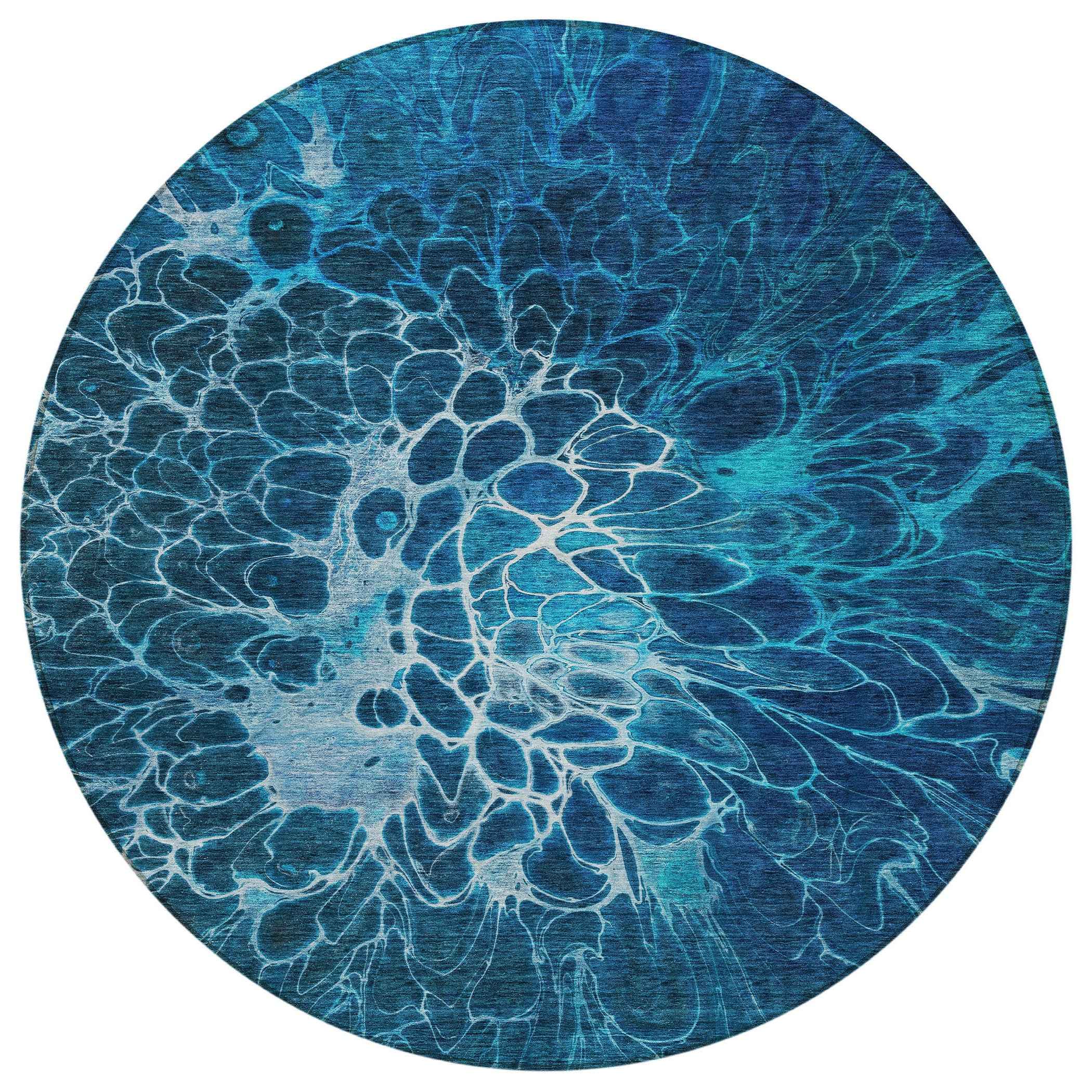 8' Navy Blue And Sky Blue Round Abstract Washable Indoor Outdoor Area Rug