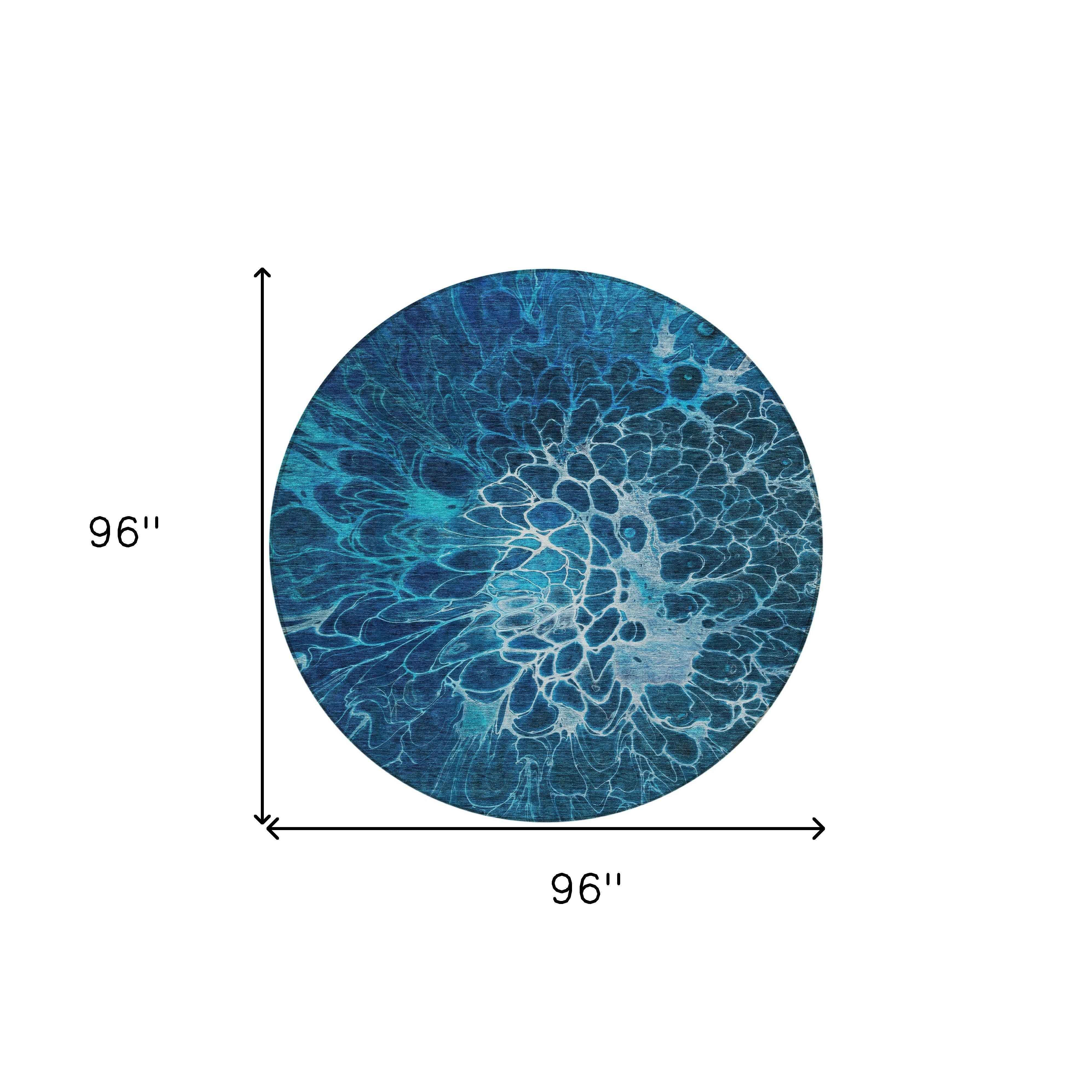 8' Navy Blue And Sky Blue Round Abstract Washable Indoor Outdoor Area Rug