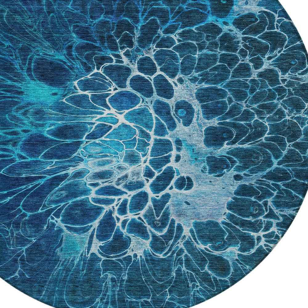 8' Navy Blue And Sky Blue Round Abstract Washable Indoor Outdoor Area Rug