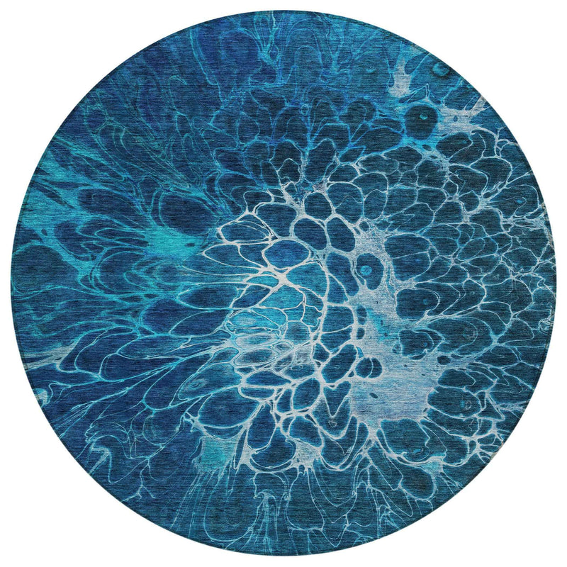 8' Navy Blue And Sky Blue Round Abstract Washable Indoor Outdoor Area Rug