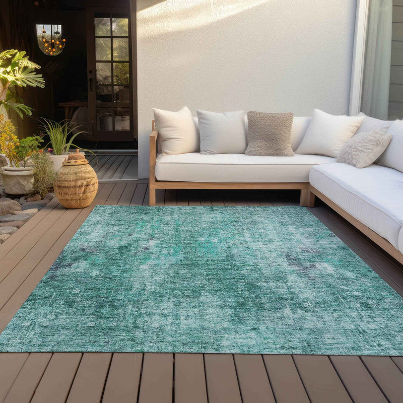 9' X 12' Teal Blue Green And Gray Abstract Washable Indoor Outdoor Area Rug