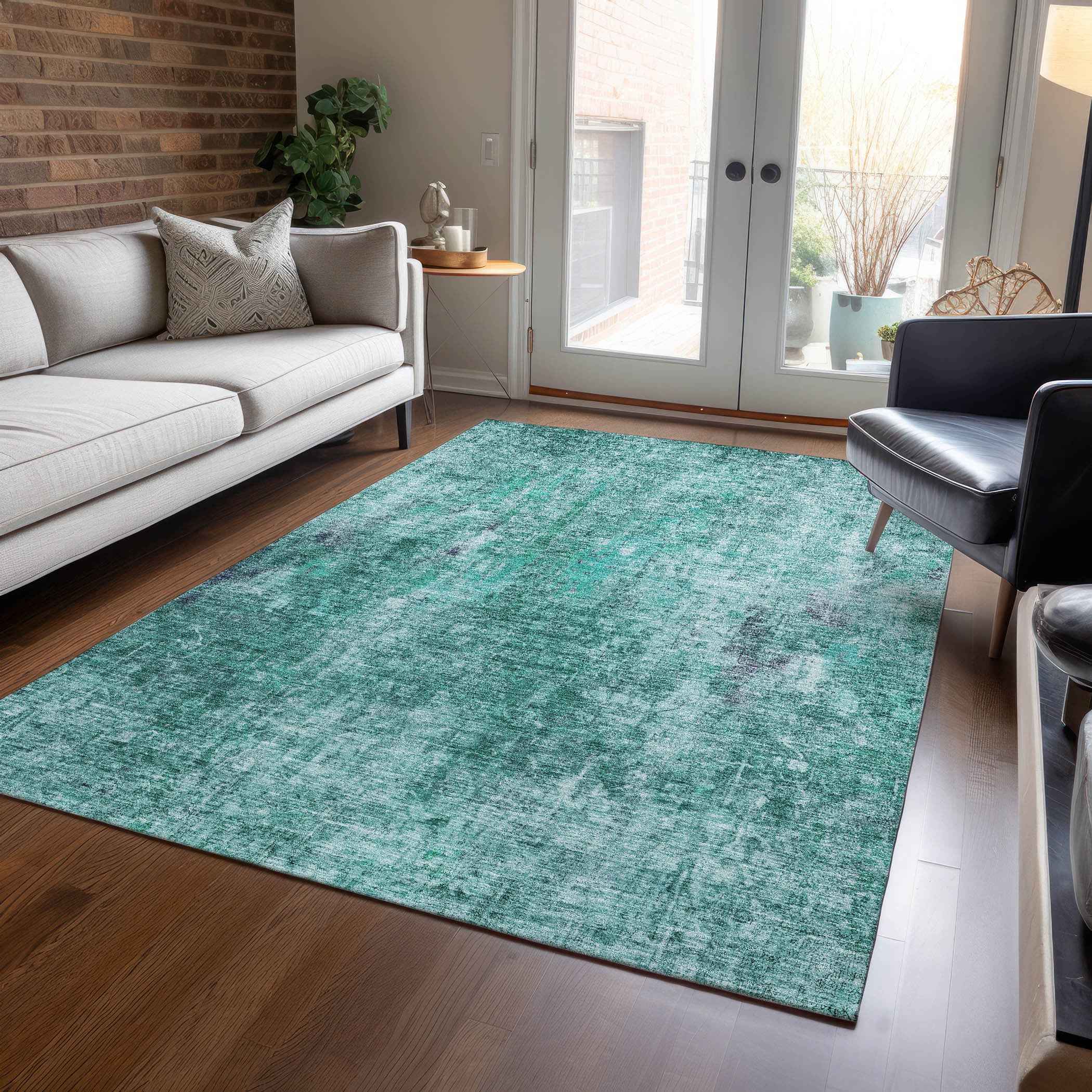 9' X 12' Teal Blue Green And Gray Abstract Washable Indoor Outdoor Area Rug